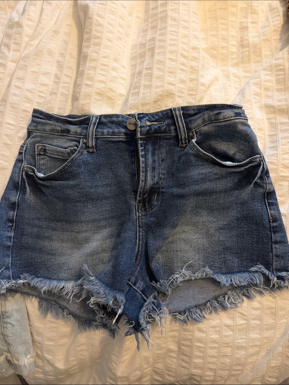 Blue Denim Frayed Hem Women's Shorts